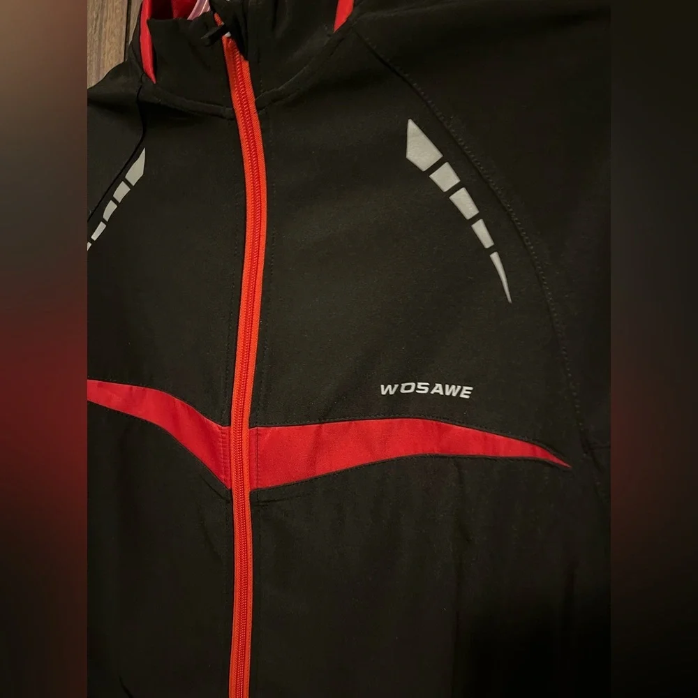 Wosawe Black Red Cycling Long Sleeve Zipper Closure Pocket Reflective Jacket L